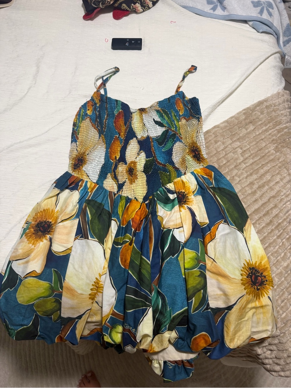 FARM Rio Teal and Yellow Sunflower Smocked Sundress